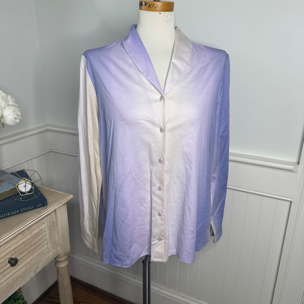 Hanro Sunrise Ombre 100% Cotton Button Down Pajama Top Purple Beige Small